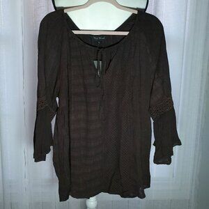 YOUNG THREADS 3/4 Sleeves w/Lace Accent Scoop Tie Neck Brown Textured Tunic XL